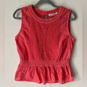 Roller Rabbit Sz S Fitted Peplum Embroidered Swiss Dot Sleeveless Top in Coral